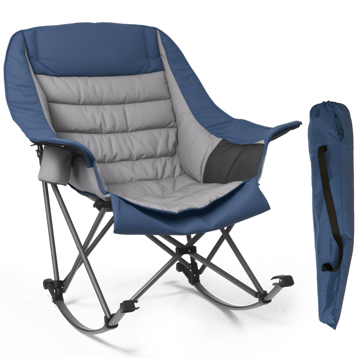 Oversized Rocking Camping Chair for Adults - 400lbs Capacity Padded Camp Chair with Cup Holder, Portable Foldable Outdoor Rocker Chair for Camping, Backyard, Patio (Blue & Gray)