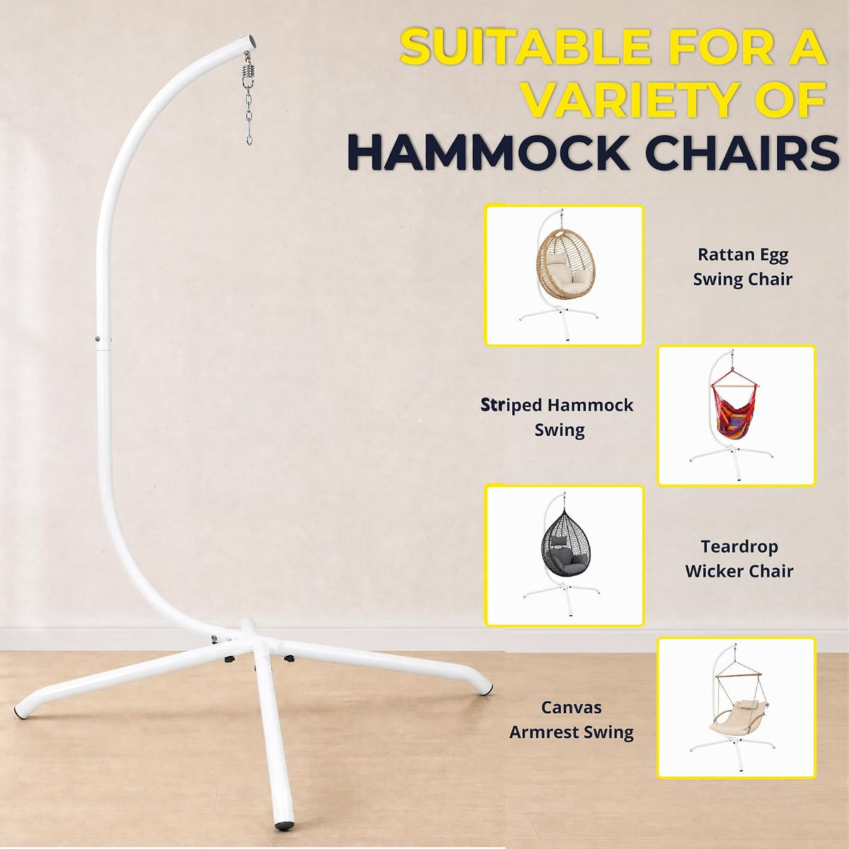 Heavy Duty Hammock Chair Stand, 400lb Capacity C-Shape Swing Stand for Outdoor Patio & Indoor Use with Hanging Buckle and Spring Hook(White)
