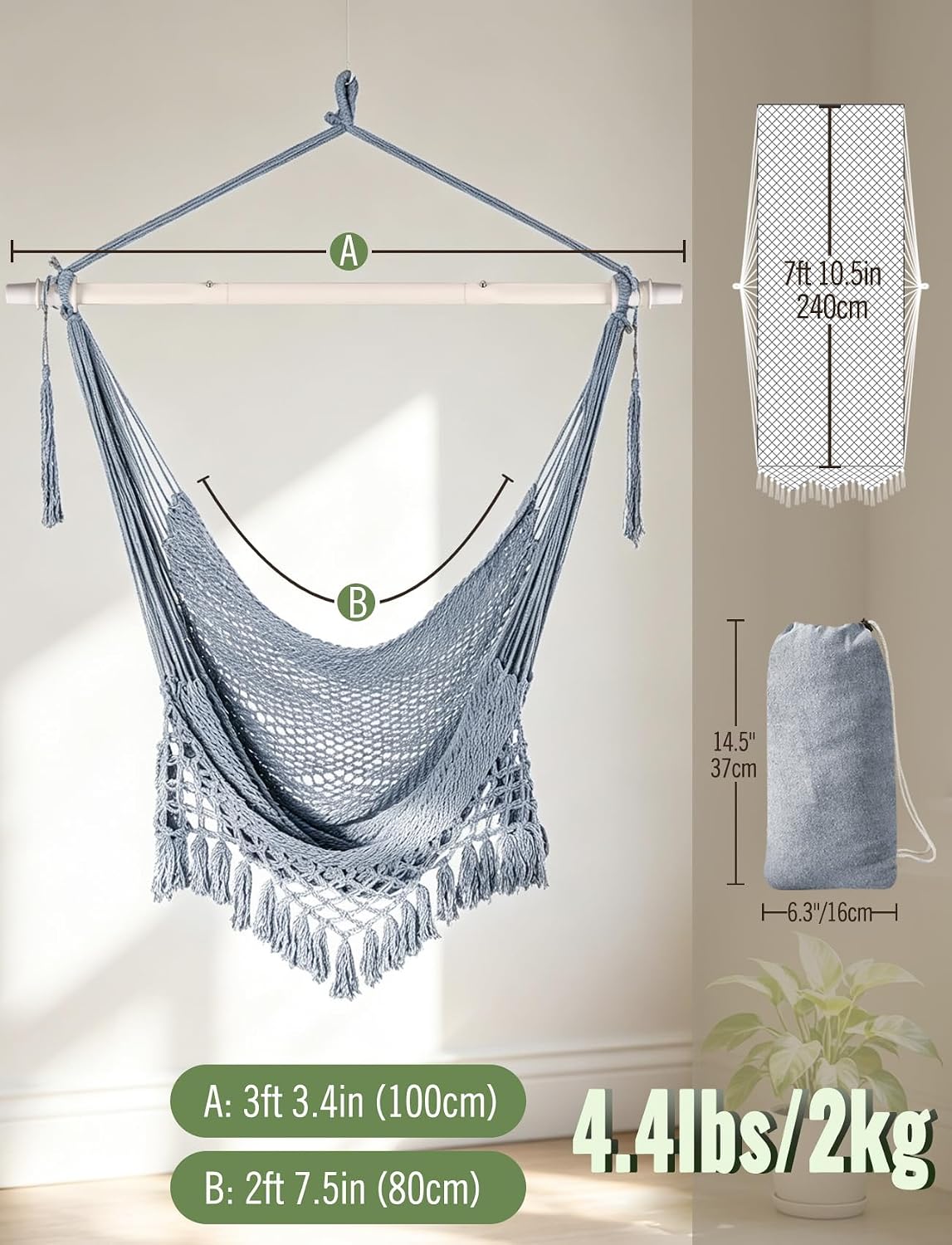 Chihee Hammock Chair Handmade Woven Mesh Hanging Seat Metal Spreader Bar