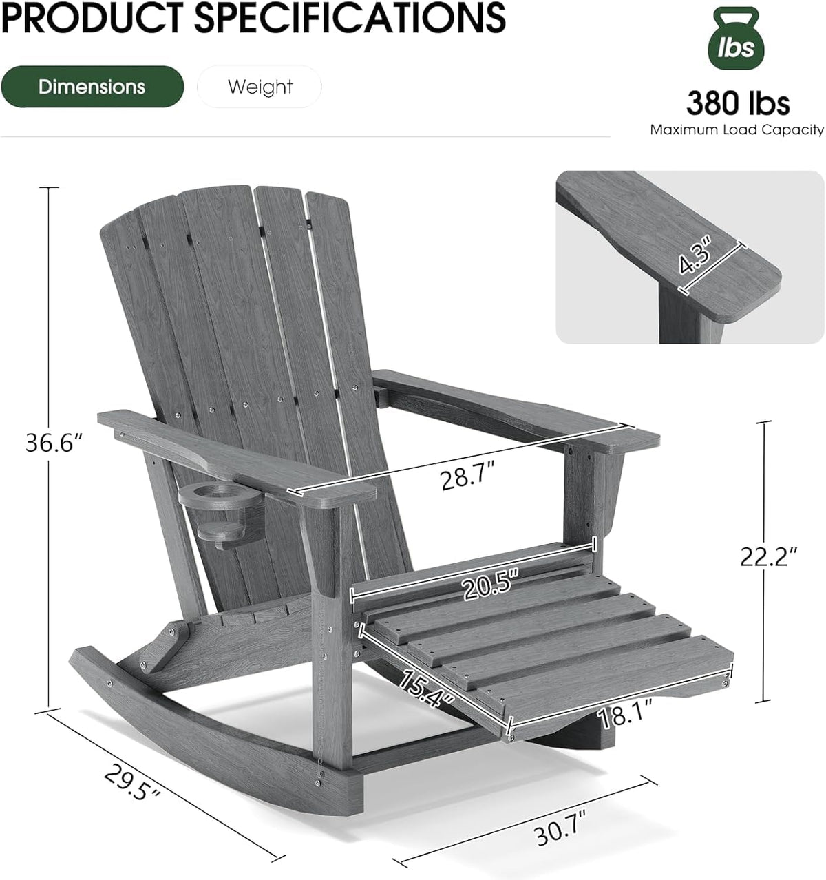 Adirondack Rocking Chair with Retractable Ottoman,Outdoor Folding Adirondack Chair with Cup Holder,HDPE All-Weather Patio Lounge Chair for Porch,Lawn, Poolside, Grey