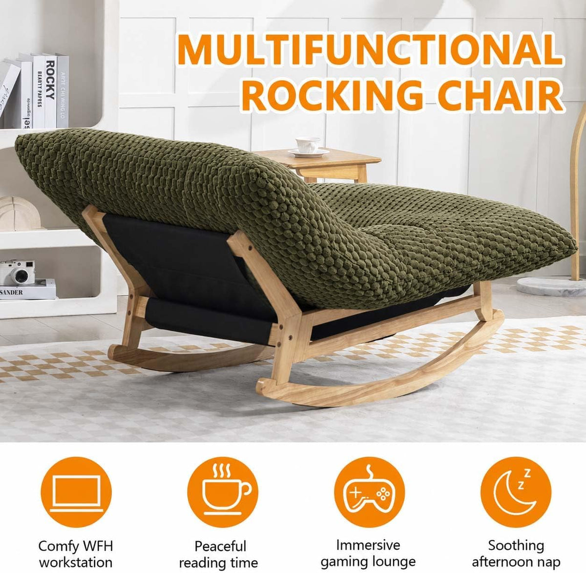 Oversized Papasan Rocking Chair Indoor with Bean Bag Cushion (Green)