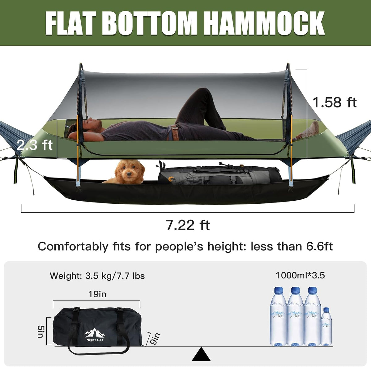 Night Cat Flat Lay Hammock Tent with Mosquito Net Waterproof Rainfly for 1 Person Backpacking Hiking Camping Lightweight 330LBS 87x28x19in