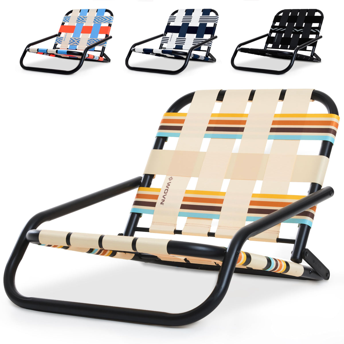WOVN Low Beach Chairs - Premium Folding Beach Chair for Adults - Low Profile, Super Lightweight with Portable Shoulder Strap - Great for Sand and Lawn - Lido