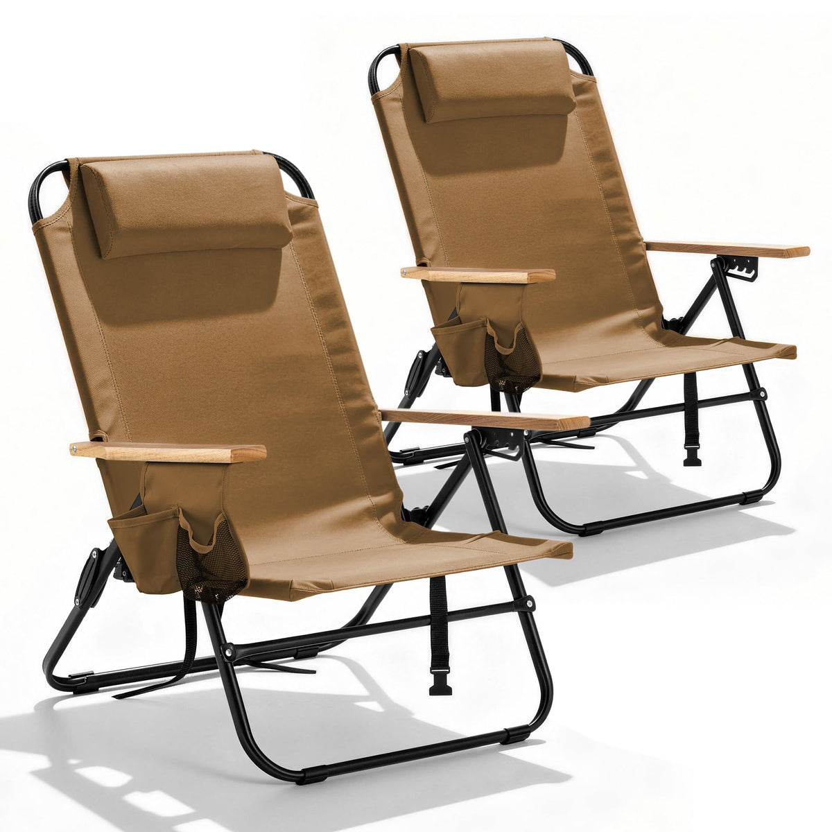 2 Pack Premium 5-Position Reclining Camping Chair - Portable Folding Lightweight Outdoor Chair with Wooden Armrests, Headrest & Pockets, 350lbs Heavy Duty for Beach, Patio, Backyard, Black