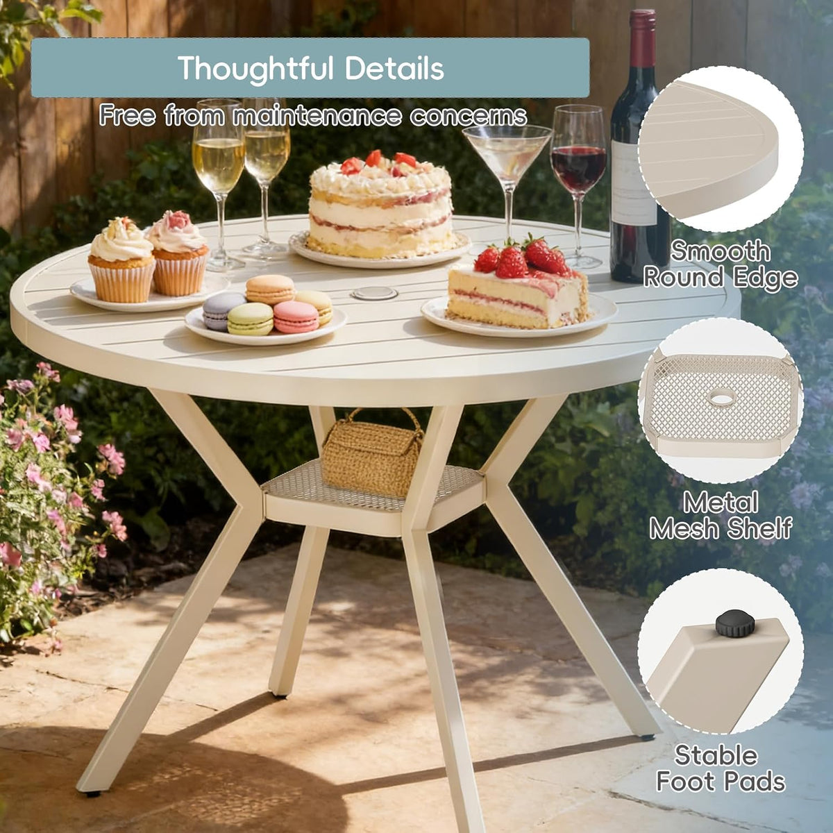 42" Outdoor Patio Table Dining Table All Weather Metal Round Patio Dining Table with Adjustable Umbrella Hole Patio Furniture for Lawn Garden Backyard, Sandshell