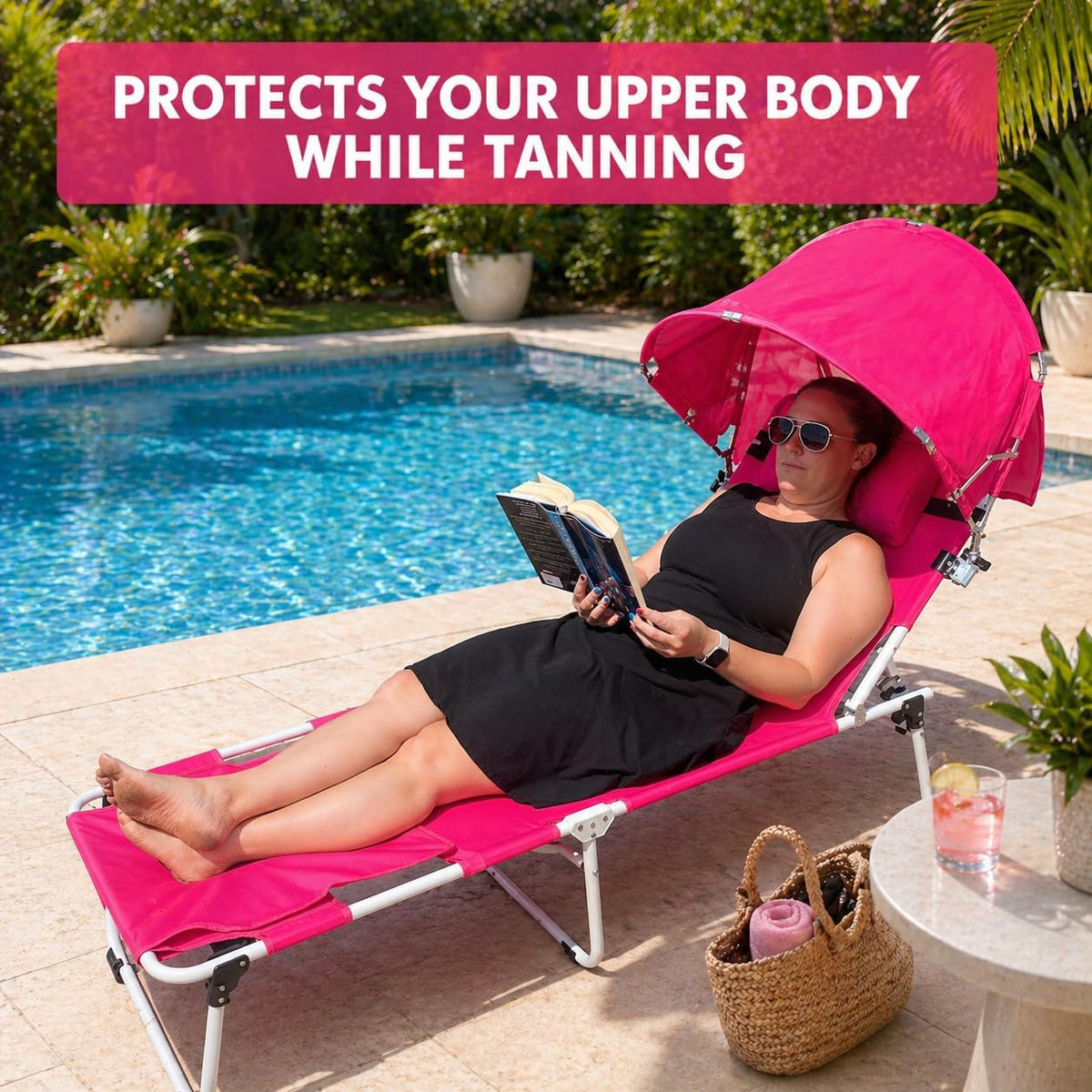 Tanning Chair with Sun Canopy Face Hole Softer Padded Adjustable Washable, Heavy Duty Layout Folding Lounge Chair for Adults Outside Beach Reading Sunbathing Poolside, UPF 50+ Sun Shade, Pink, 300 LBS
