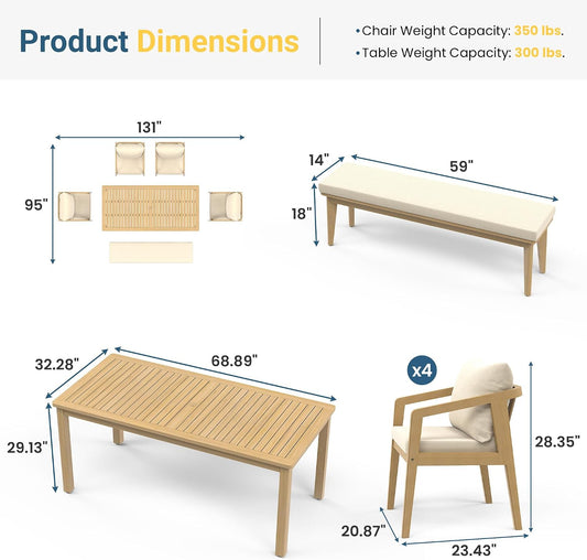 FansaFurn 6 Piece Acacia Outdoor Patio Table and Chairs Set for All-Weather