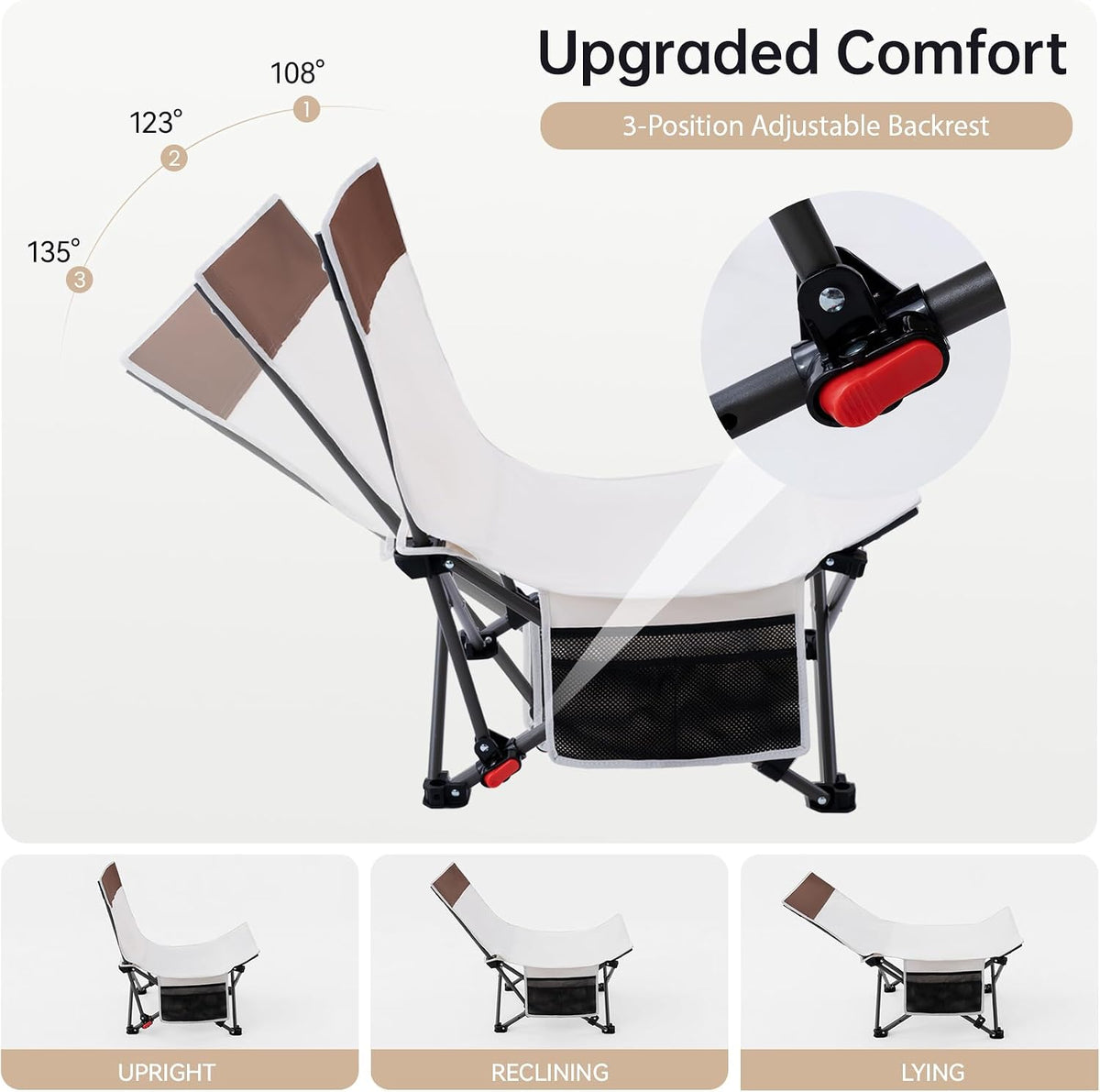 Compact Beach Chairs 2 Pack with 3-Position Lay Flat Low Portable Camping Chairs for Adults Folding Reclining Chairs for Beach, Lawn, Travel