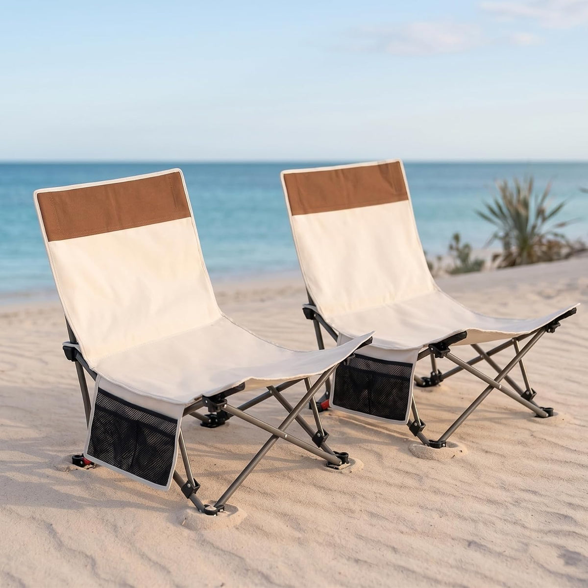 Compact Beach Chairs 2 Pack with 3-Position Lay Flat Low Portable Camping Chairs for Adults Folding Reclining Chairs for Beach, Lawn, Travel