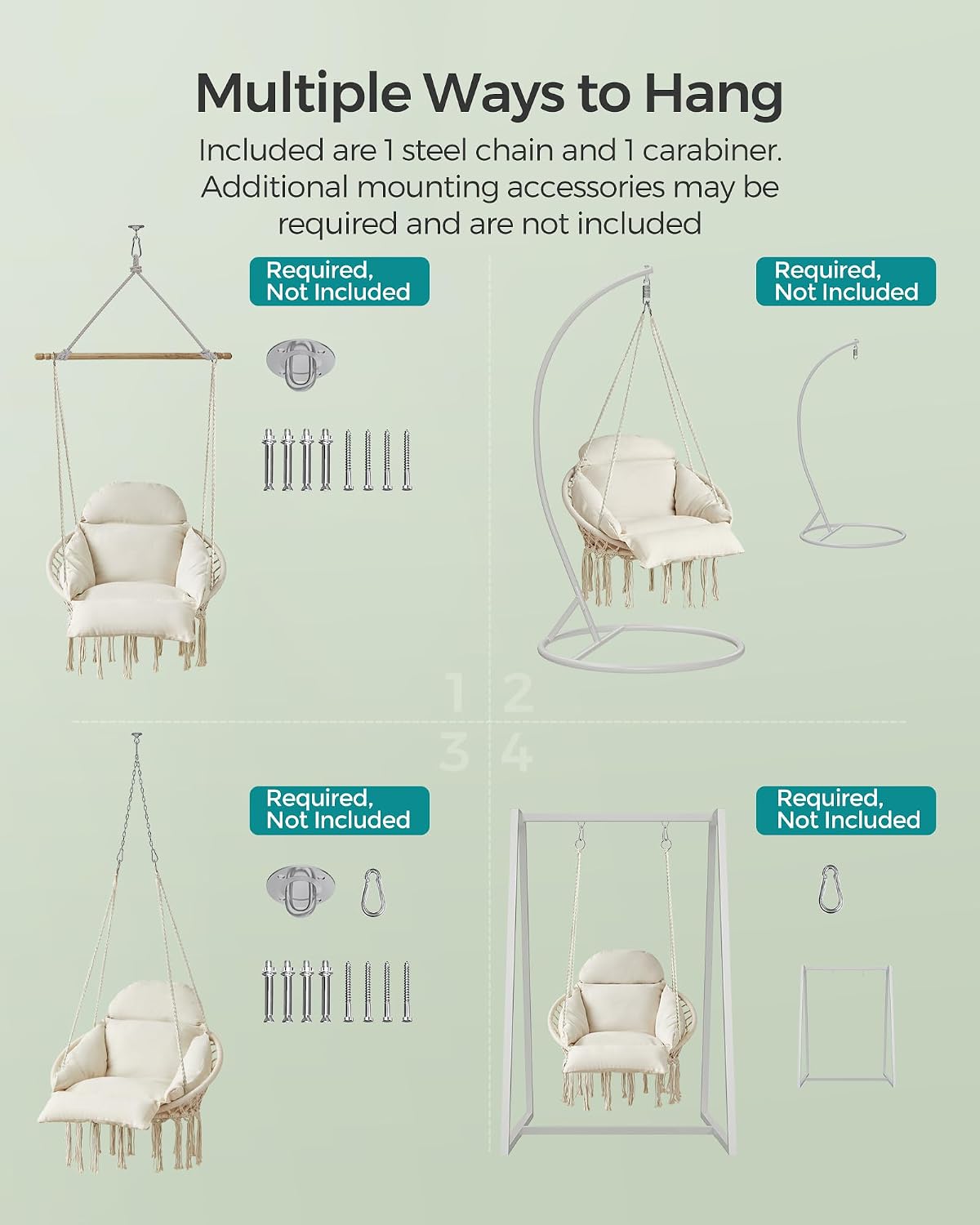 SONGMICS Hanging Chair, Boho Swing Chair with Large, Thick Cushion