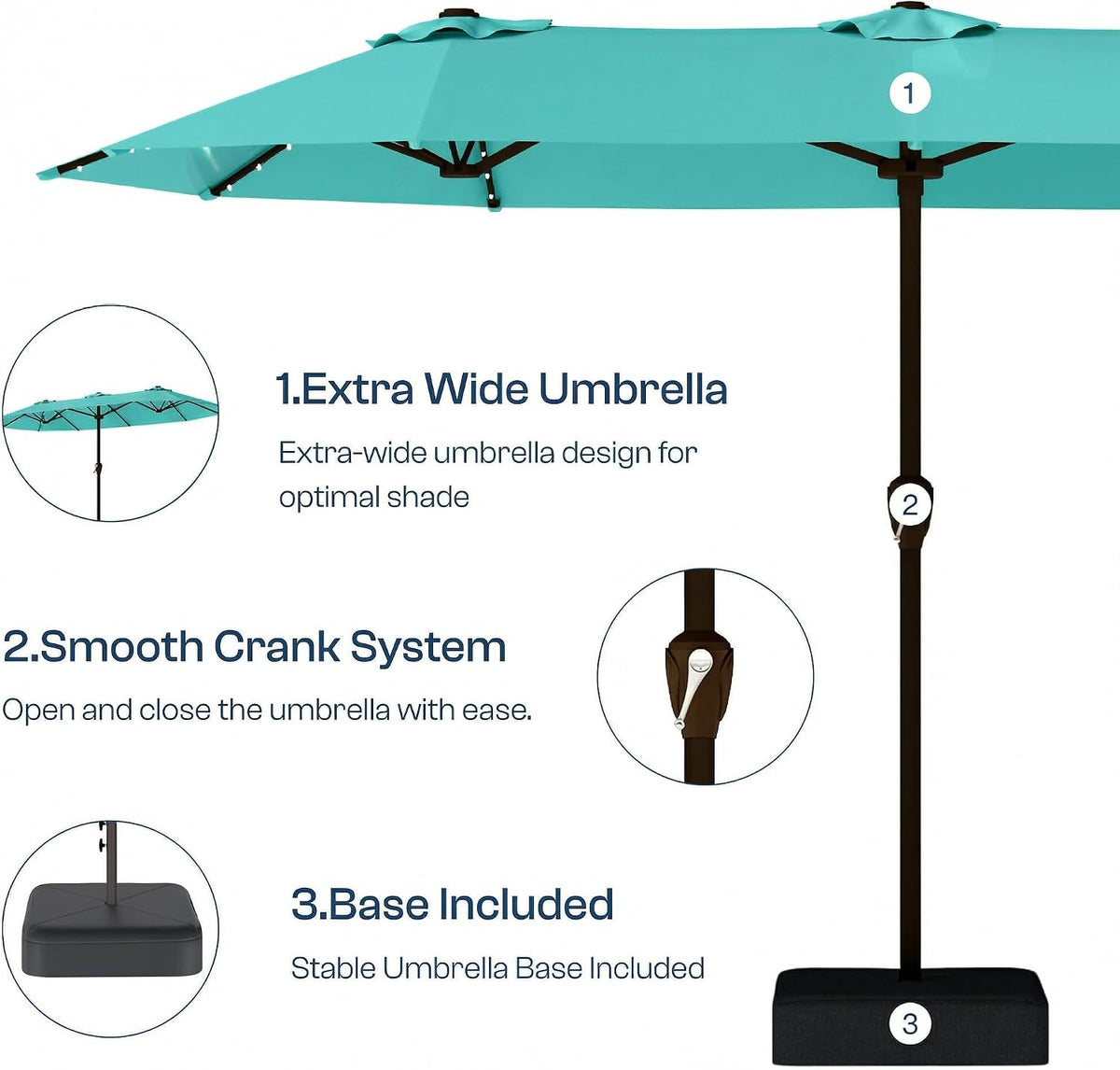 15FT Patio Umbrella with Solar Lights, Double-Sided Extra Large Outdoor Table Umbrella with Base Included, Heavy-Duty 12 Iron Ribs Market Umbrella for Garden, Pool, Backyard, Turquoise Blue