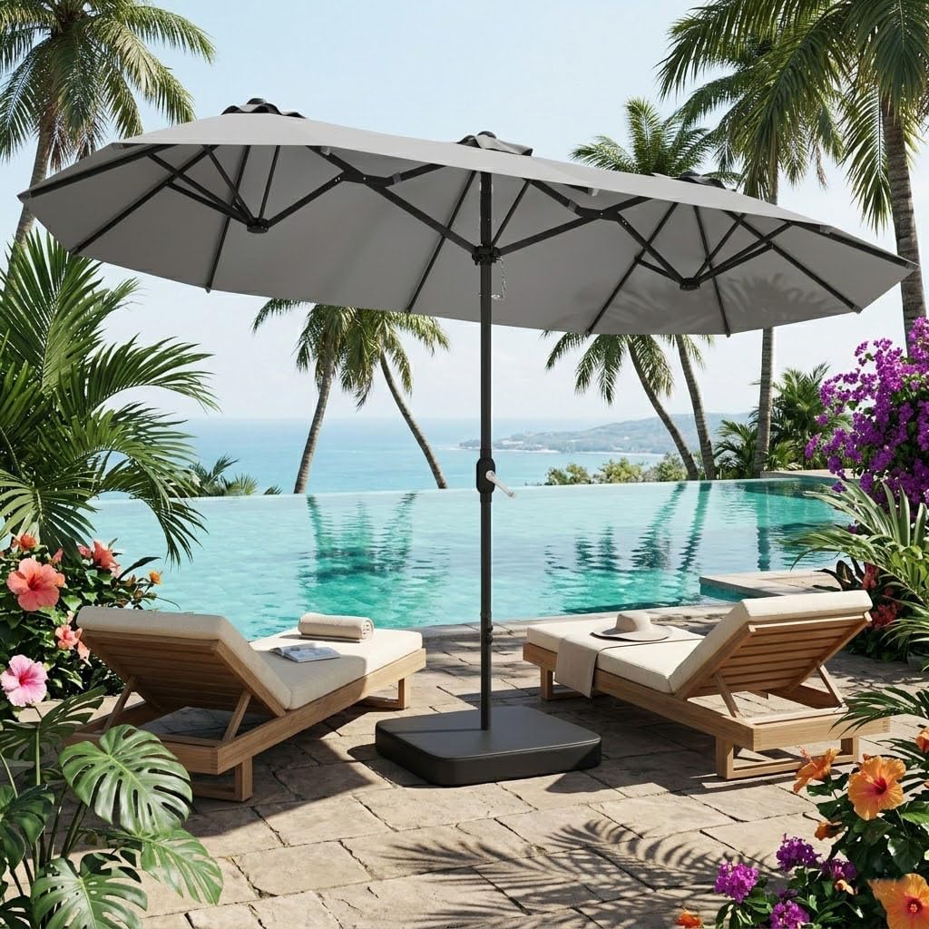 15ft Large Double-Sided Rectangle Patio Umbrella with Base Included,Gray