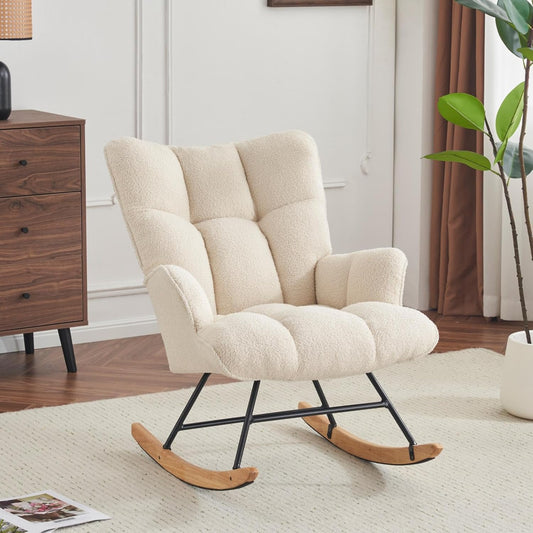 SAETSFEG Rocking Chair Nursery Teddy Upholstered Glider Rocker Rocking Accent Chair Padded Seat with High Backrest Armchair Comfy Side Chair for Living Room Bedroom Offices (Ivory Teddy)