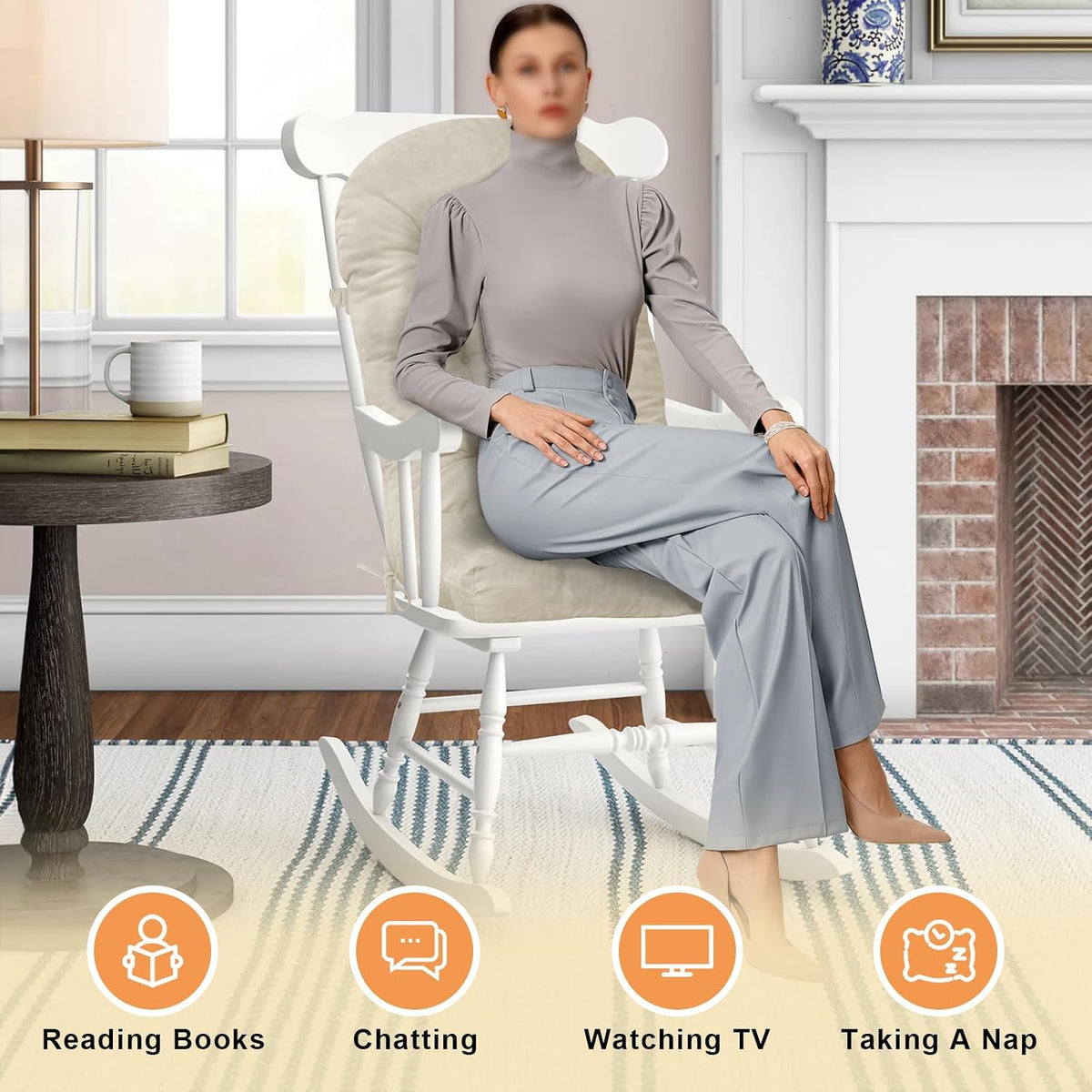 Rocking Chair Cushion - Soft Chenille Fabric Seat Pad with Tufted Design, Non-Slip Bottom and Secure Ties, for Glider, Adirondack and Indoor Rocker Chair, 44x19x4 Inch, Oyster White