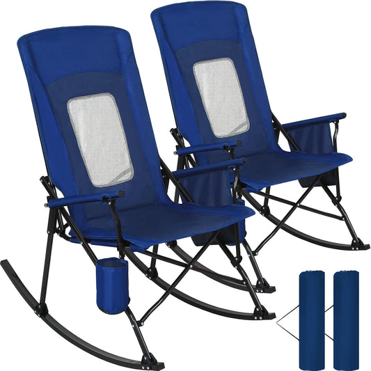 Romswi 2 Pack Rocking Camping Chair for Adult 400LBS Capacity, Heavy Duty Folding Rocking Chairs, Portable Outdoor Rocker with High Back & Hard Armrests for Camping, Beach, Patio, Backyard, Mesh Blue