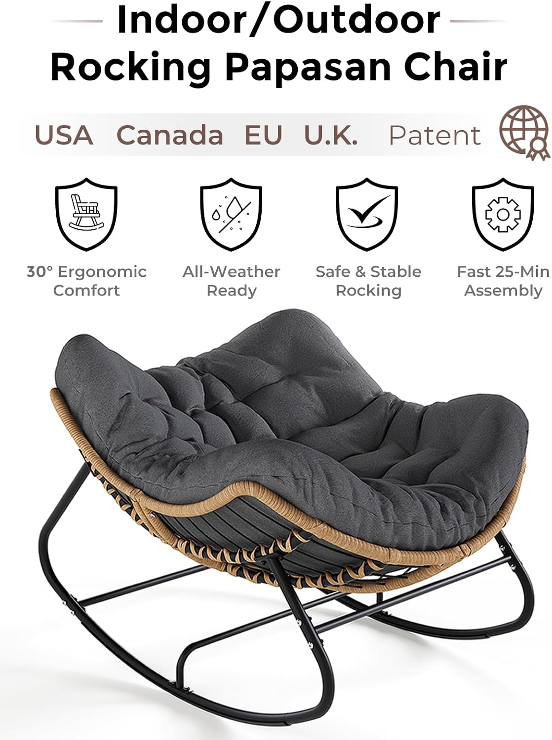 SWITTE Outdoor Rocking Papasan Chair with Thick Cushion, Dark Gray