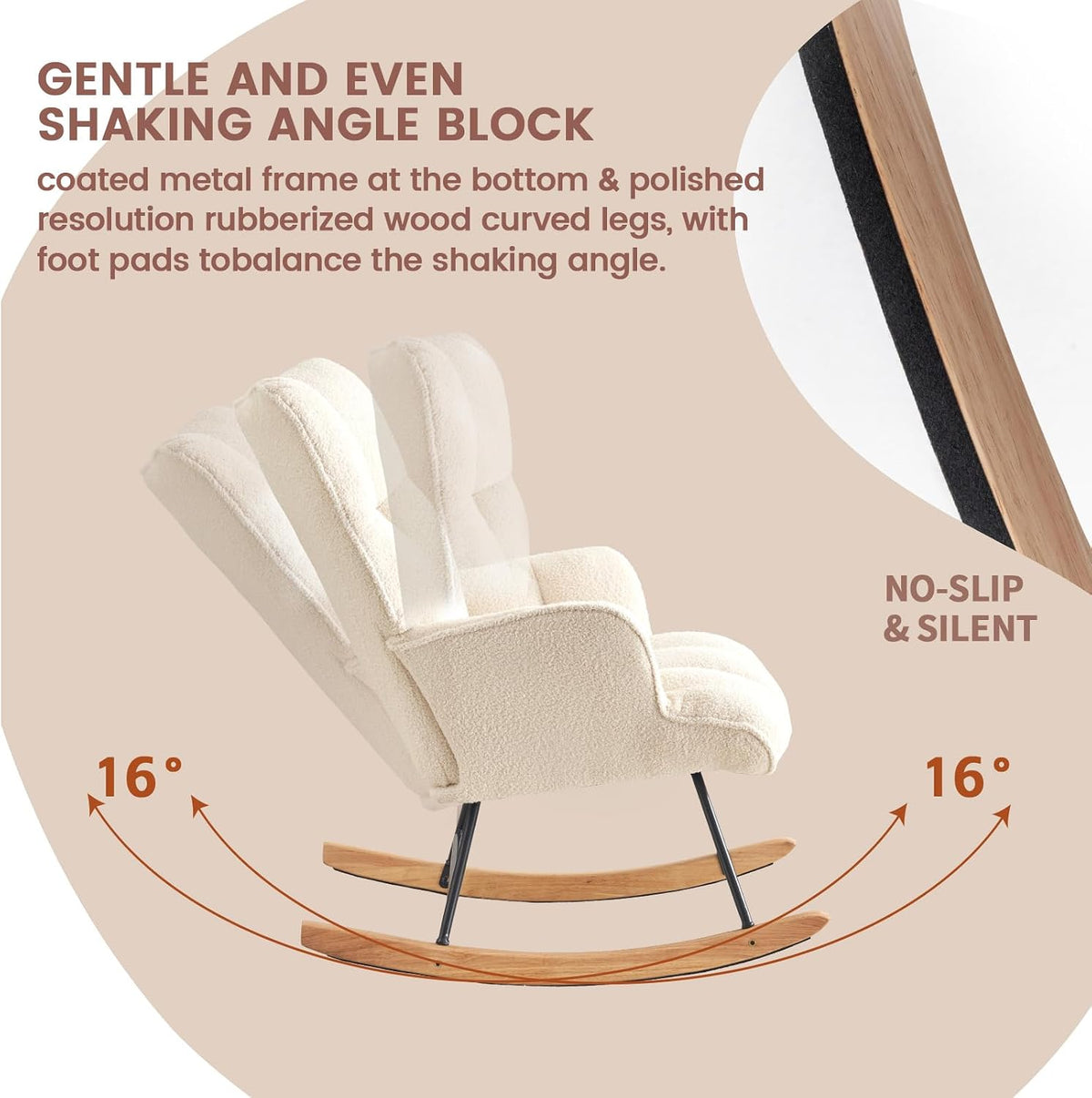 SAETSFEG Rocking Chair Nursery Teddy Upholstered Glider Rocker Rocking Accent Chair Padded Seat with High Backrest Armchair Comfy Side Chair for Living Room Bedroom Offices (Ivory Teddy)