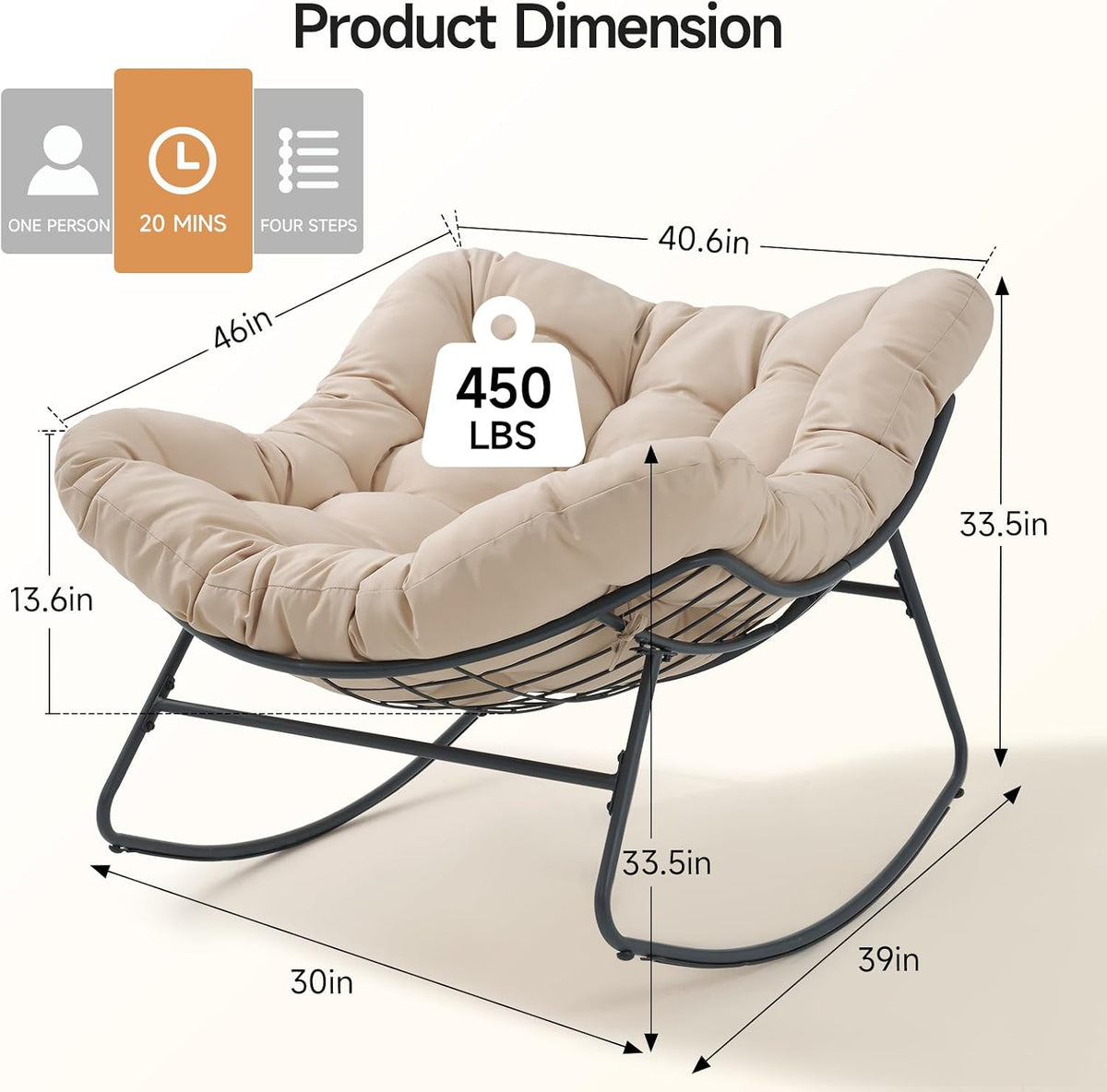 Papasan Rocking Chair, Oversized Outdoor Egg Chair with Thick Cushion