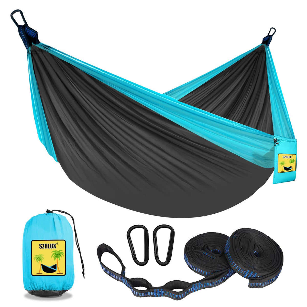 SZHLUX Camping Hammock Double & Single Portable Hammocks with 2 Tree Straps and Attached Carry Bag,Great for Outdoor,Indoor,Beach,Camping,Light Grey / Sky Blue