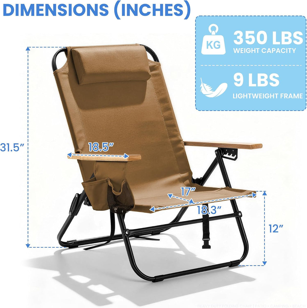 Premium Portable Camping Chair 5-Position Recliner Beach Folding Lightweight Outdoor Chair with Wooden Armrests, Headrest, Multi-Pockets Heavy Duty 350lbs, for Patio, Backyard, Brown