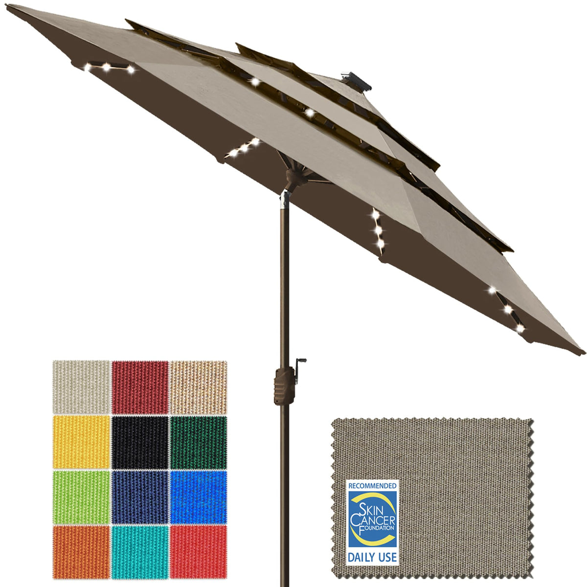 EliteShade USA 10-Year-Non-Fading 9ft 3-Tier Market Patio Umbrella, Commercial Table Umbrella with 80 Solar LED Lights, Crank Open, Windproof & UPF 50+ UV Protection for Garden, Deck, Pool, Backyard, Heather Beige