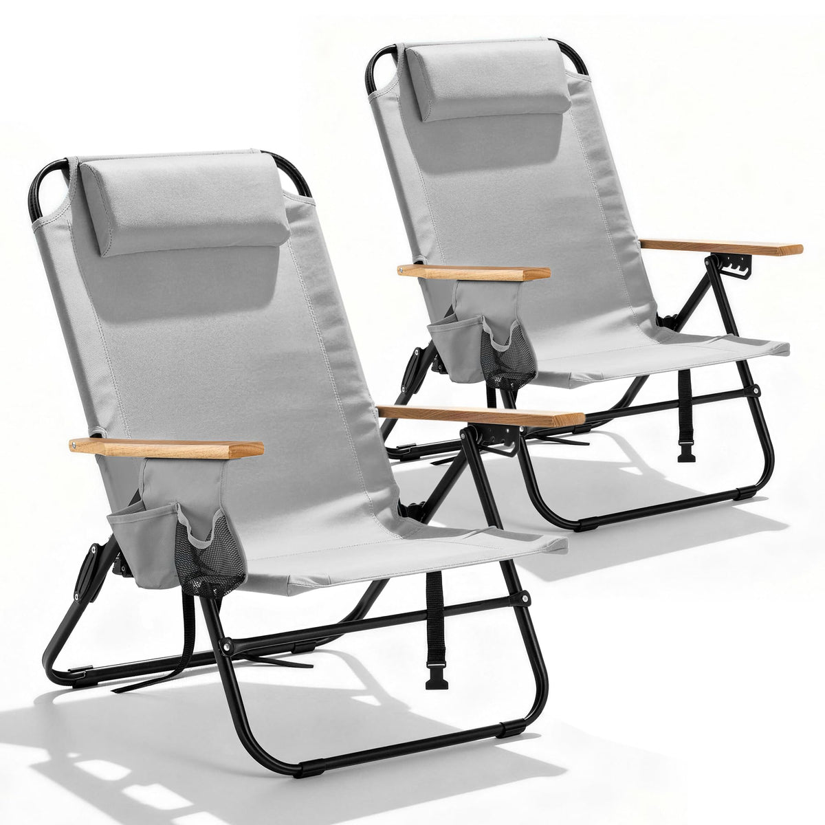 2 Pack Premium 5-Position Reclining Camping Chair - Portable Folding Lightweight Outdoor Chair with Wooden Armrests, Headrest & Pockets, 350lbs Heavy Duty for Beach, Patio, Backyard, Black