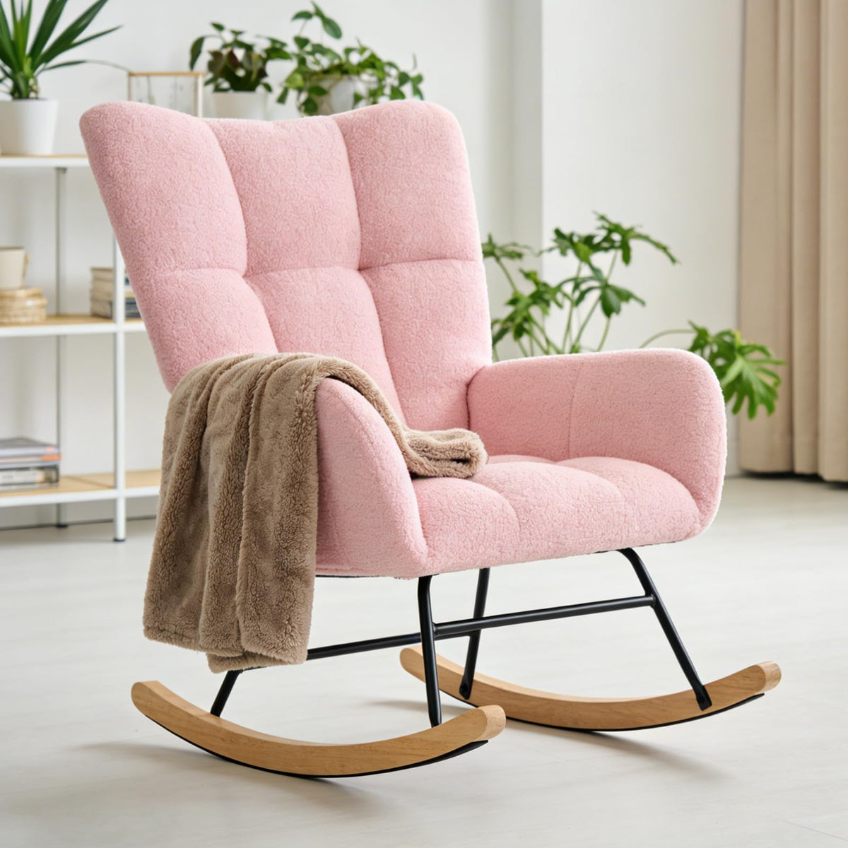 DUMOS Nursery Rocking Chair Teddy Upholstered, Comfy Glider Rocker with High Backrest Armchair Padded Seat, Accent Side Chair for Living Room Bedroom Offices Small Spaces Indoor, Beige