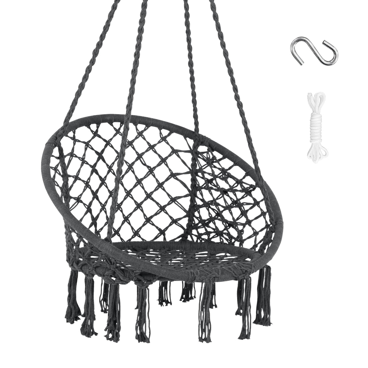 SUNCREAT Hammock Chair Hanging Macrame Swing with Hardware Kits, Grey