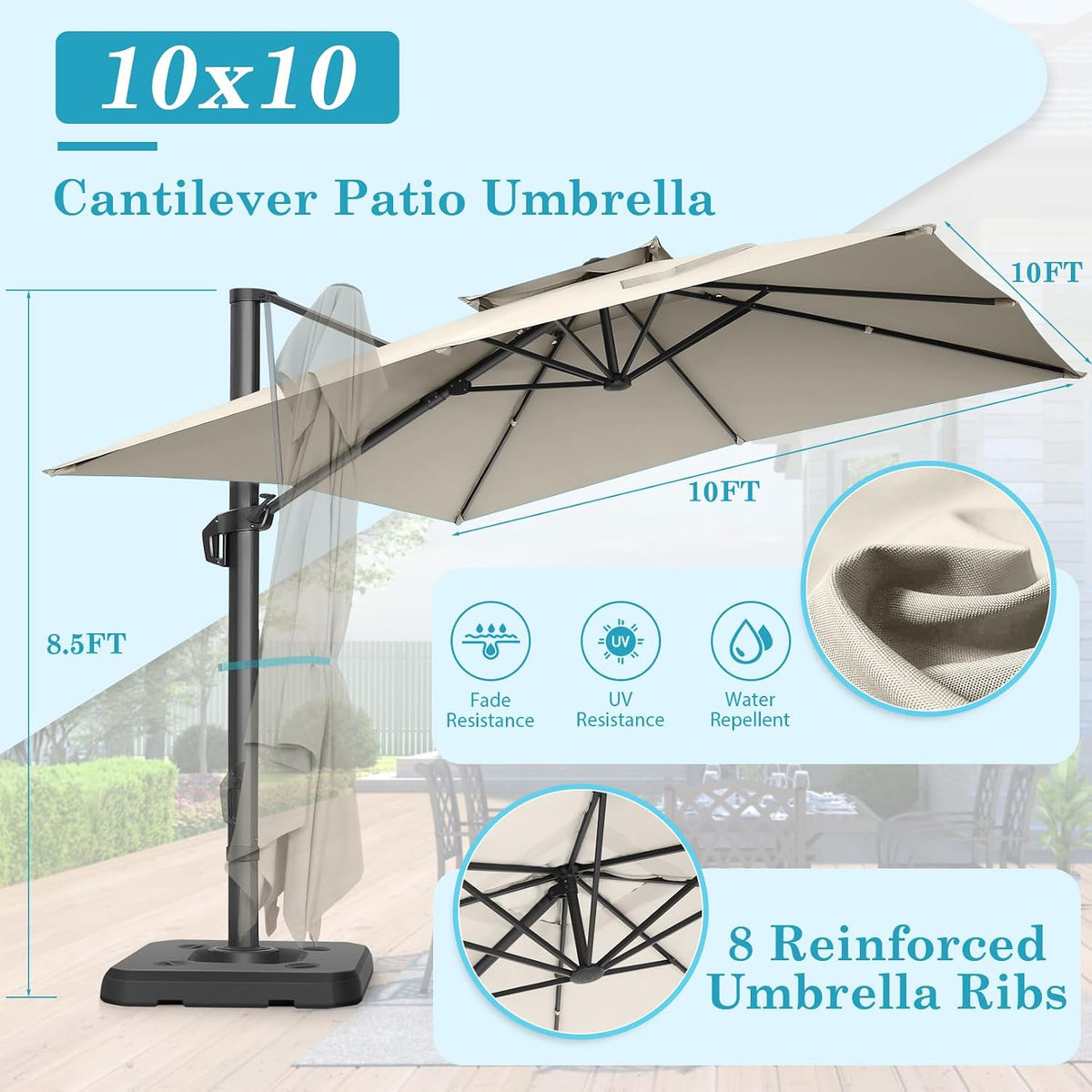 HOTEEL 10x10ft Patio Umbrella Cantilever Umbrella Double Top - Upgrade and Intensify - 360 Rotation and 5 Angles Adjustment - Aluminum Offset Pool Umbrella Outdoor Umbrellas for Patio Garden Deck Pool