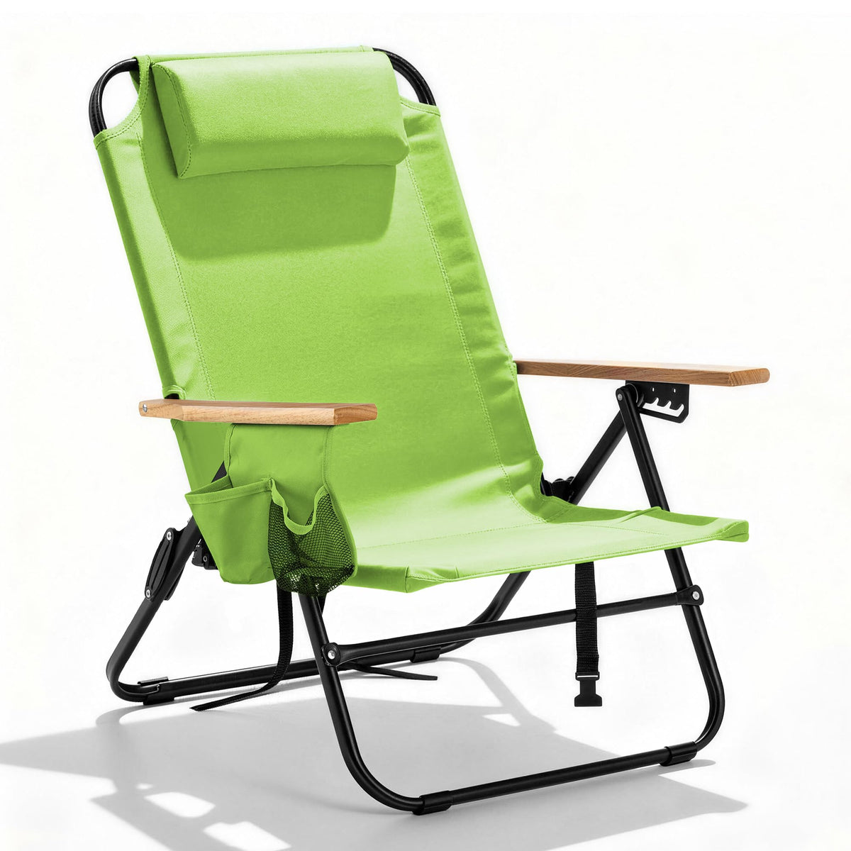 Premium Portable Camping Chair 5-Position Recliner Beach Folding Lightweight Outdoor Chair with Wooden Armrests, Headrest, Multi-Pockets Heavy Duty 350lbs, for Patio, Backyard, Brown