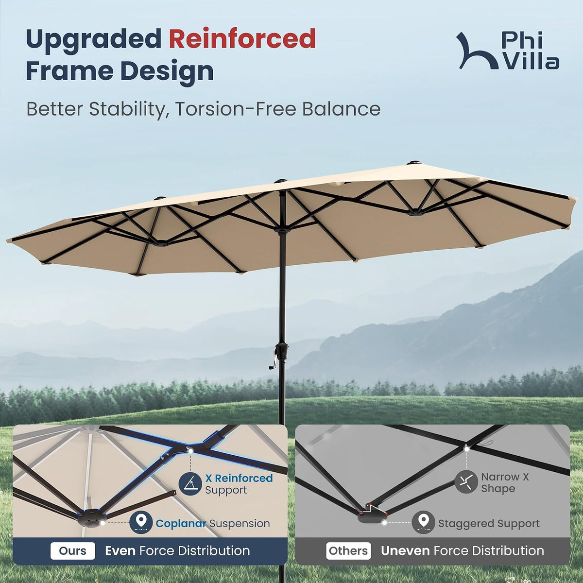 PHI VILLA 13ft Large Outdoor Patio Double-Sided Umbrella, Rectangle, Beige