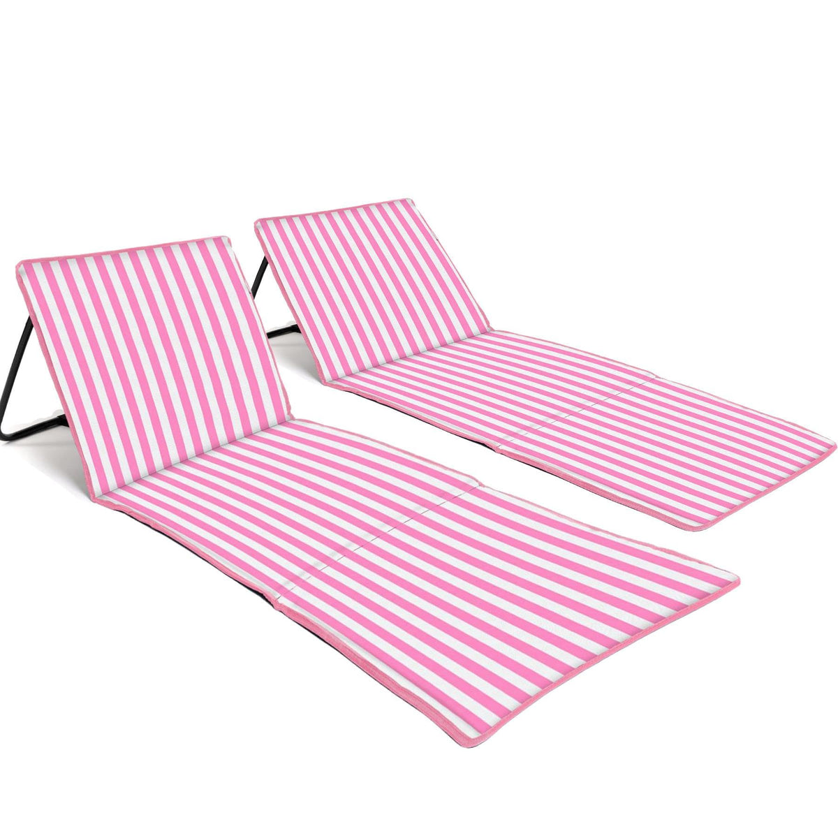 just be... Beach Chair with Backrest, Foldable Lightweight Reclining Beach Mat, Portable Padded Lounge Seat with Carry Strap & Zip Pocket – Pink Stripes