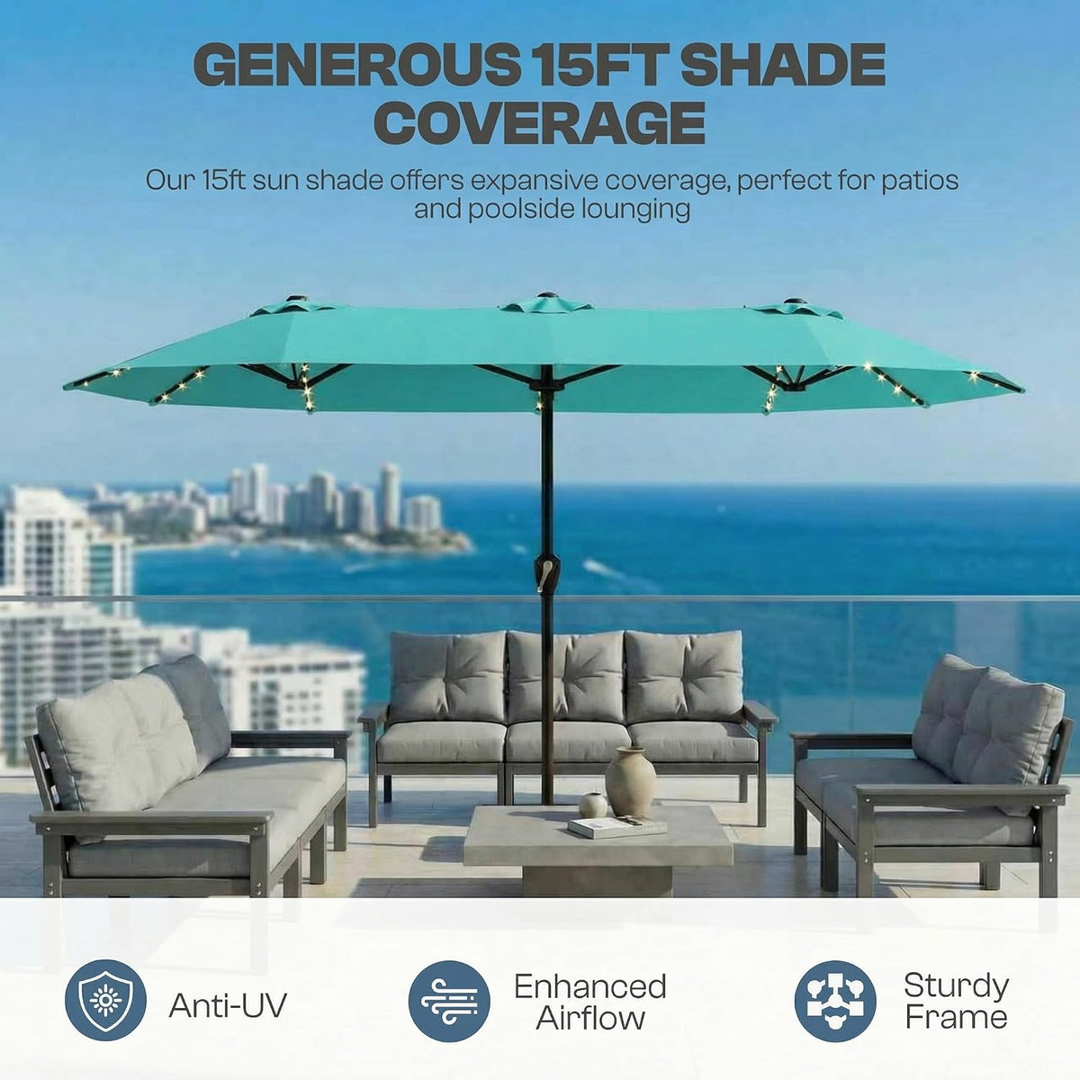 15FT Patio Umbrella with Solar Lights, Double-Sided Extra Large Outdoor Table Umbrella with Base Included, Heavy-Duty 12 Iron Ribs Market Umbrella for Garden, Pool, Backyard, Turquoise Blue
