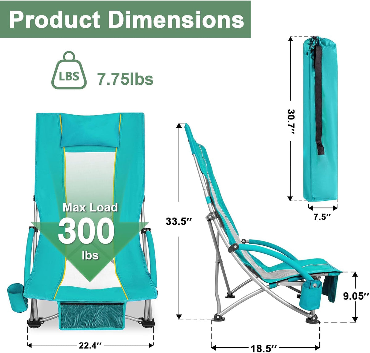 Romswi High Back Beach Chair, Compact Lightweight Low Seat Camping Chair, Fits in Suitcase, 300lbs Heavy Duty Oversized Backpack Chair with Cup Holder & Storage Bag, Green