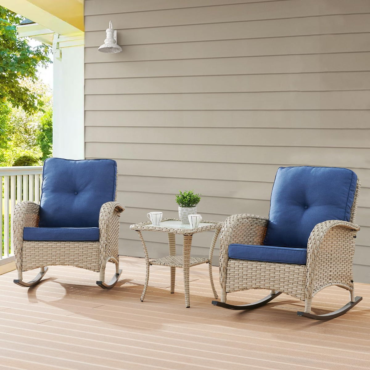 Belord Patio Rocking Chair Wicker Chair, 1 Piece Outdoor Rocking Chair Seating with Cushions for Porch Deck Balcony, Brown/Blue