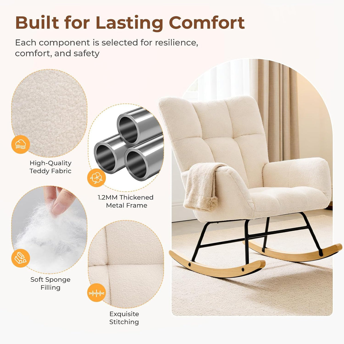 DUMOS Nursery Rocking Chair Teddy Upholstered, Comfy Glider Rocker with High Backrest Armchair Padded Seat, Accent Side Chair for Living Room Bedroom Offices Small Spaces Indoor, Beige