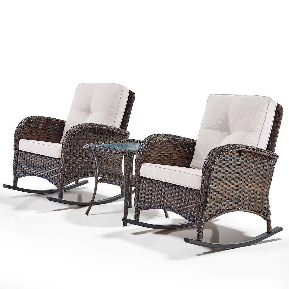 Belord Patio Rocking Chair Wicker Chair, 1 Piece Outdoor Rocking Chair Seating with Cushions for Porch Deck Balcony, Brown/Blue