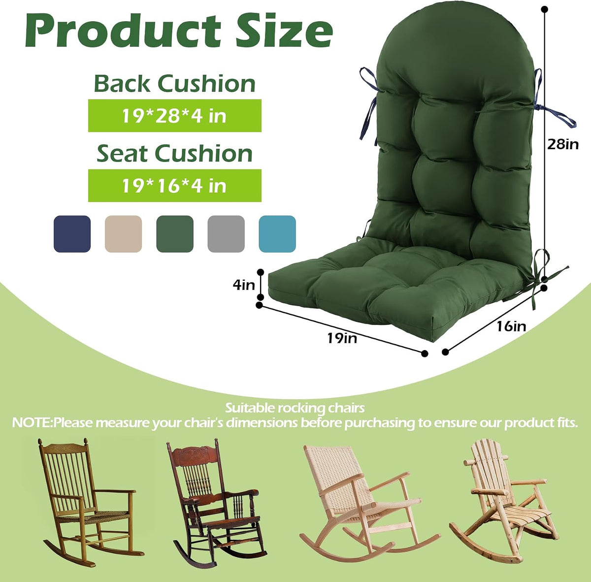 Rocking Chair Cushions, Indoor/Outdoor Adirondack Chair Cushion, Waterproof and Fade-Resistant Rocking Chairs Pads, Non-Slip Tufted High Back Patio Chairs Cushion with Ties, 44x19x4 Inch, Forest Green