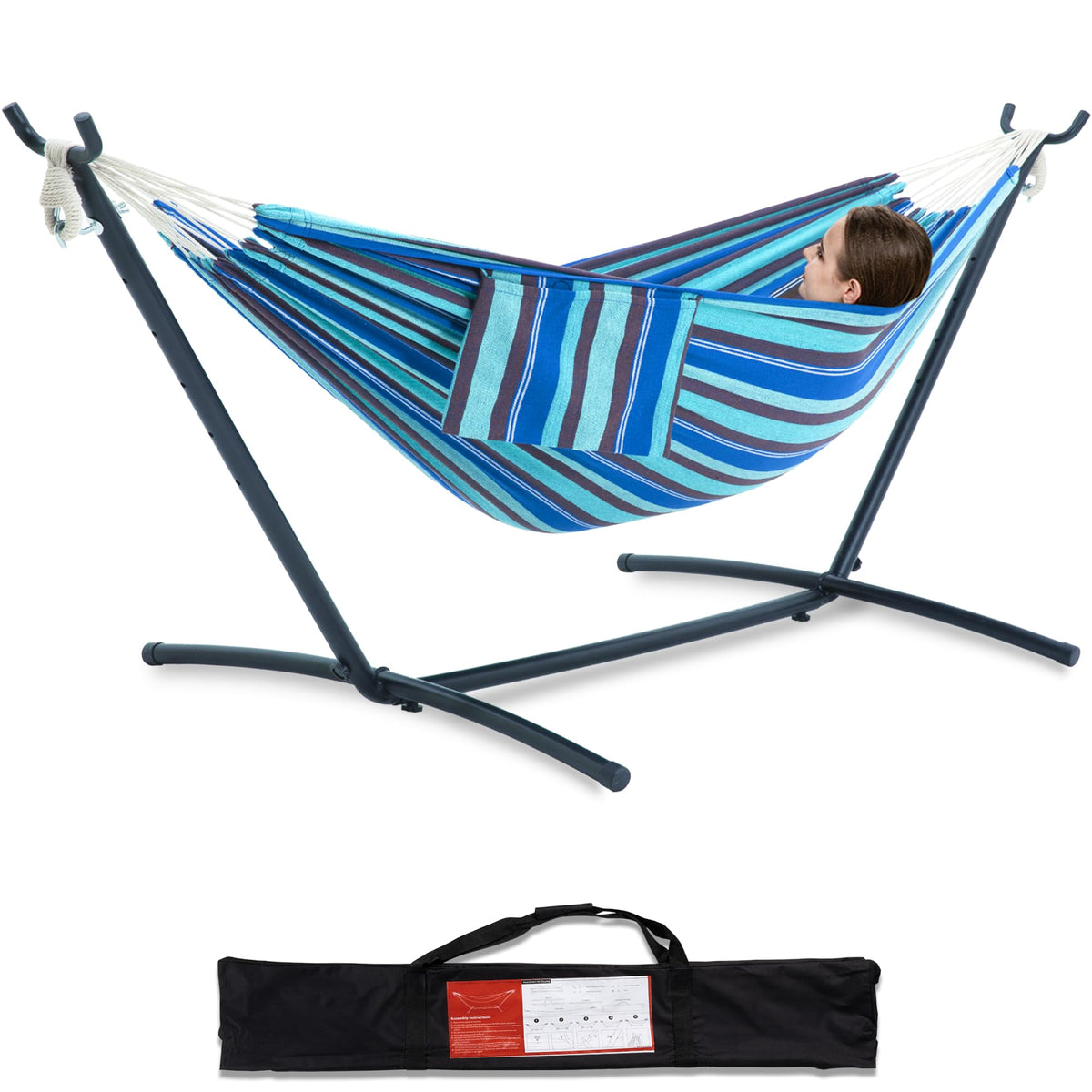 PNAEUT Double Hammock with Stand for Outside, Heavy-Duty, Portable (Coffee)