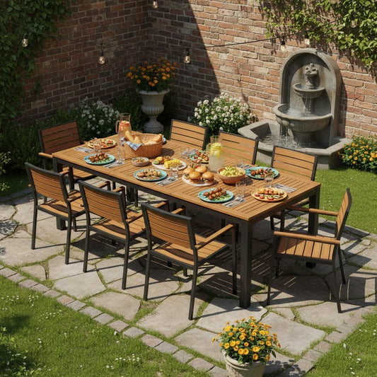 Tangkula 79" Acacia Wood Outdoor Dining Table for 8, Patio Table with Umbrella Hole, Metal Legs & Adjustable Foot Pads, Rectangular 8-Person Outside Table for Garden, Poolside & Backyard