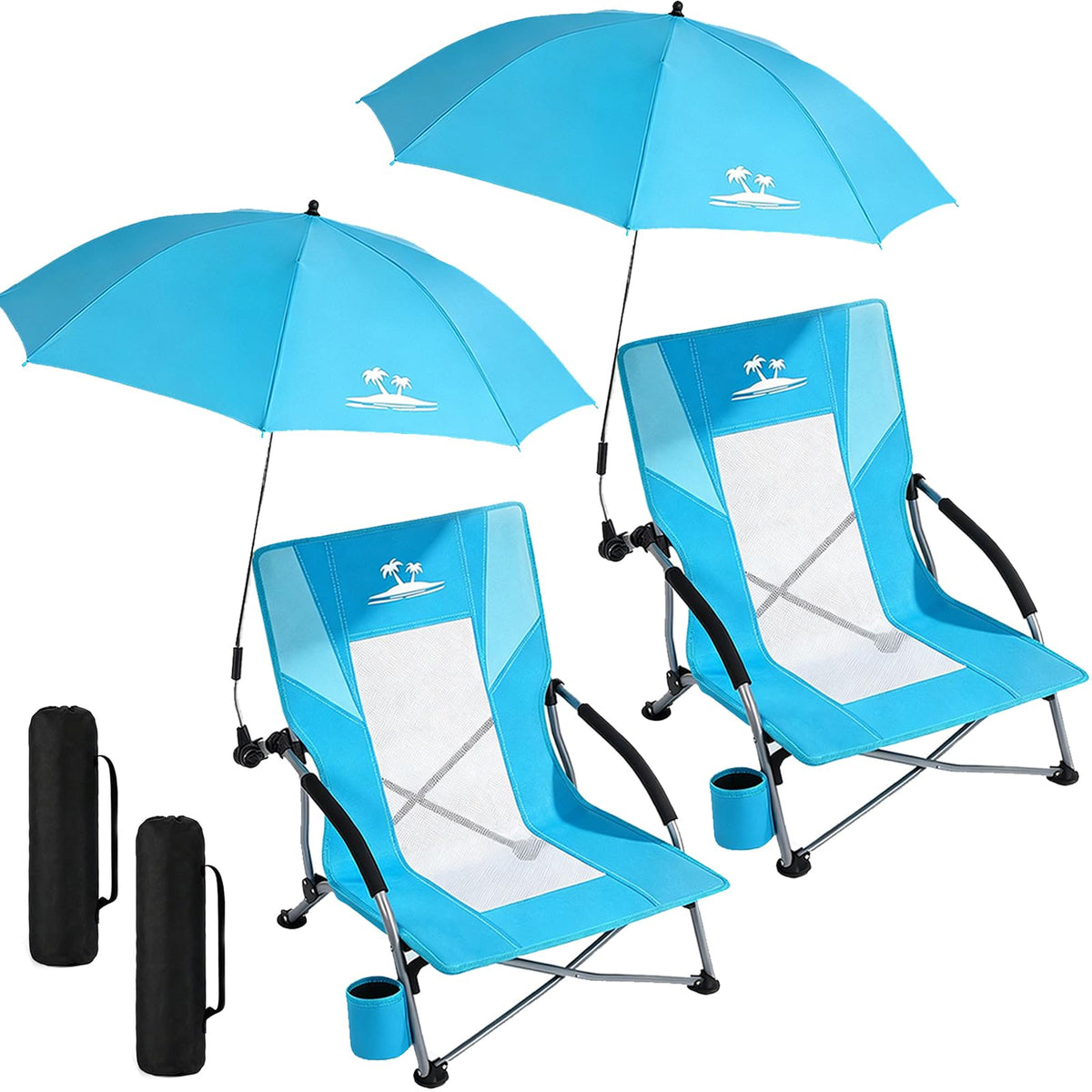 Folding Beach Chair for Adults with UPF 50+ Umbrella, Lightweight Low Beach Chair with Mesh Back, Portable Camping Chair with Carry Bag for Outdoor Beach Lawn Camping, 300lbs Capacity(Blue)