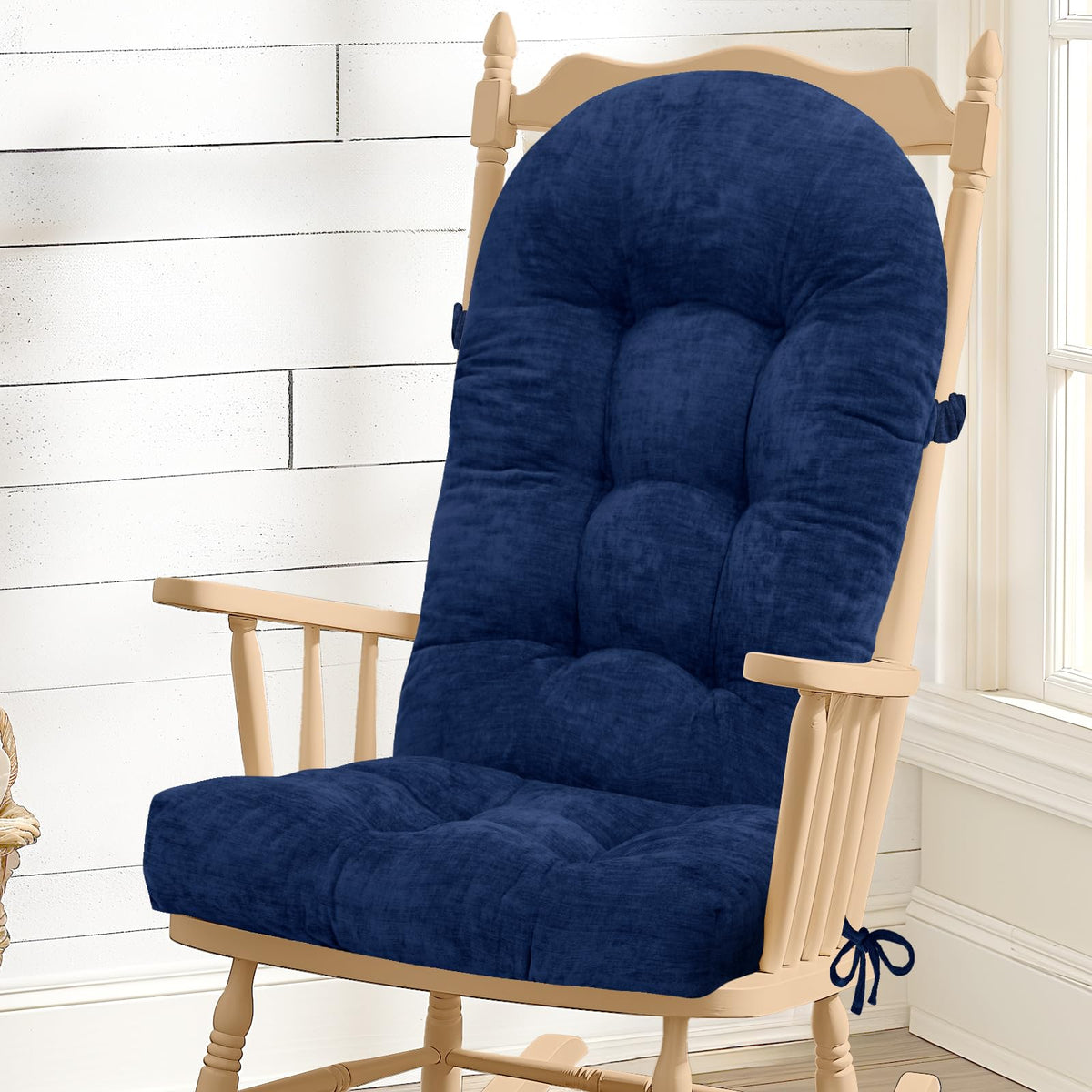 Rocking Chair Cushion - Soft Chenille Fabric Seat Pad with Tufted Design, Non-Slip Bottom and Secure Ties, for Glider, Adirondack and Indoor Rocker Chair, 44x19x4 Inch, Oyster White