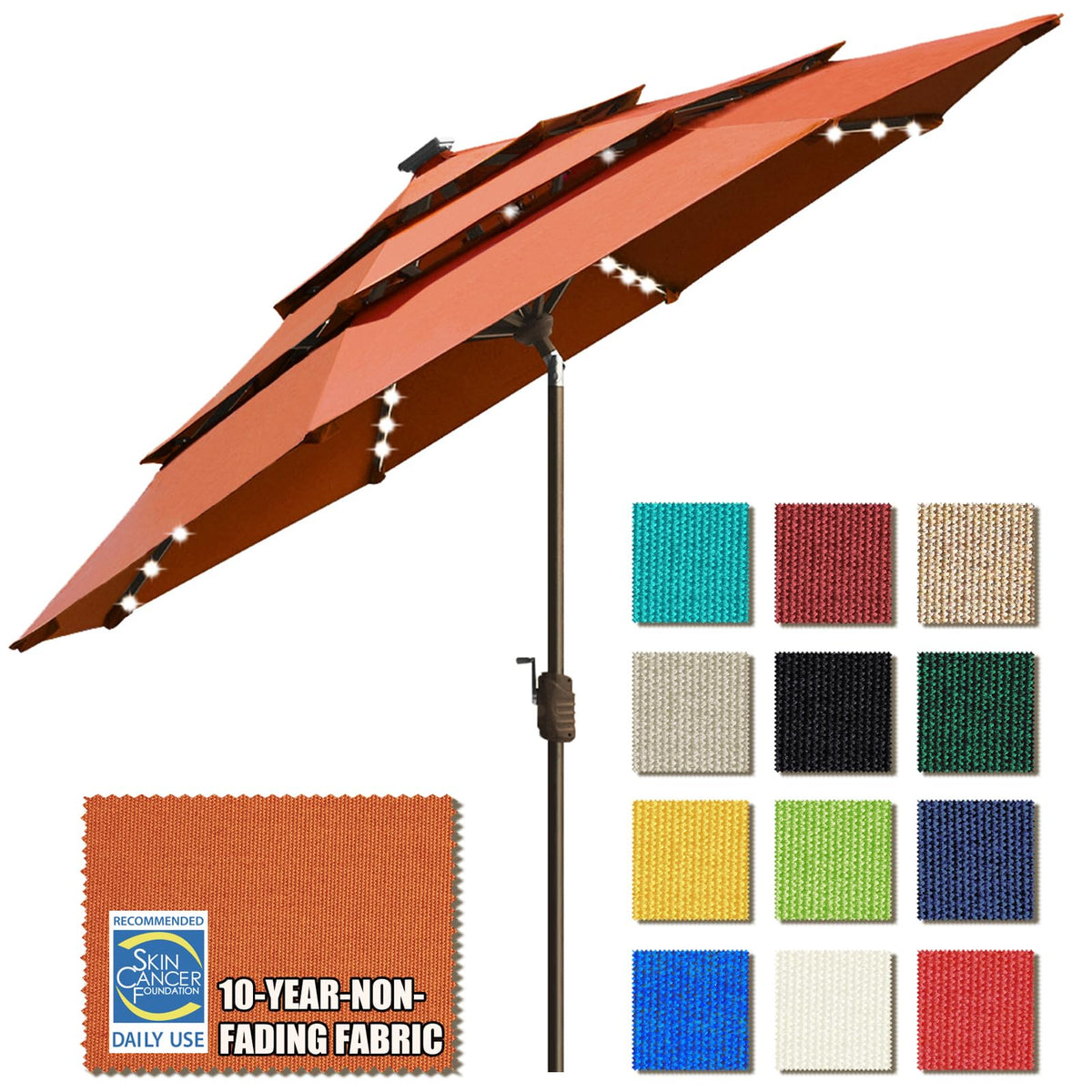 EliteShade USA 10-Year-Non-Fading 9ft 3-Tier Market Patio Umbrella, Commercial Table Umbrella with 80 Solar LED Lights, Crank Open, Windproof & UPF 50+ UV Protection for Garden, Deck, Pool, Backyard, Heather Beige