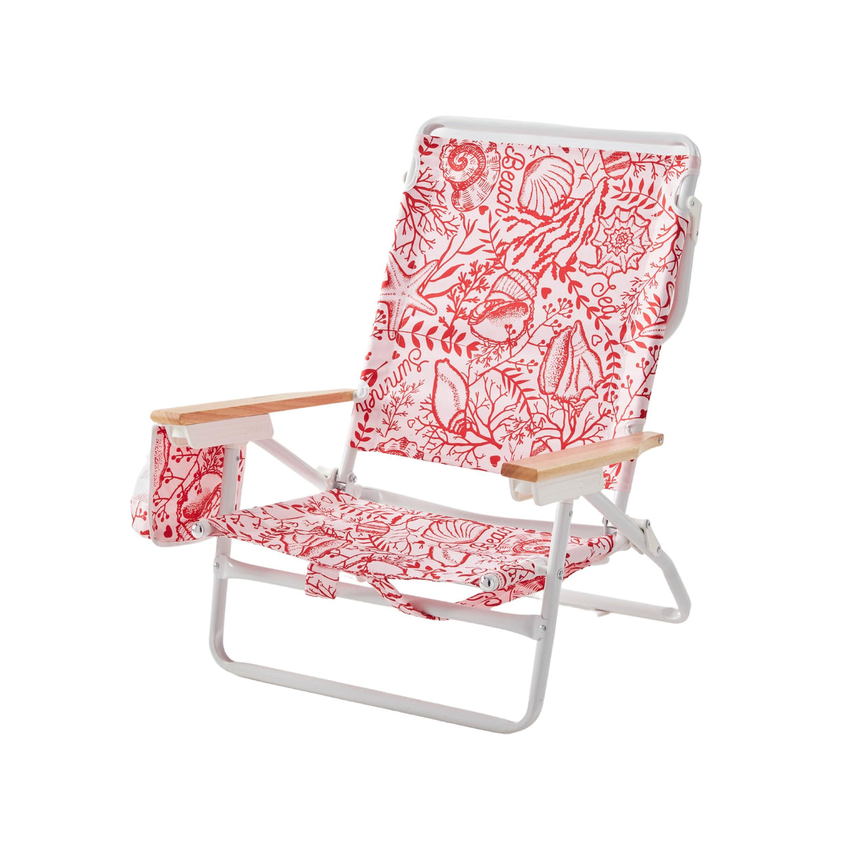5-Position Low Beach Chair, Portable Lightweight Folding Beach Chair with Wooden Armrests, Storage Pouch & Carry Strap, Coastal Beach Print – Reef Crimson