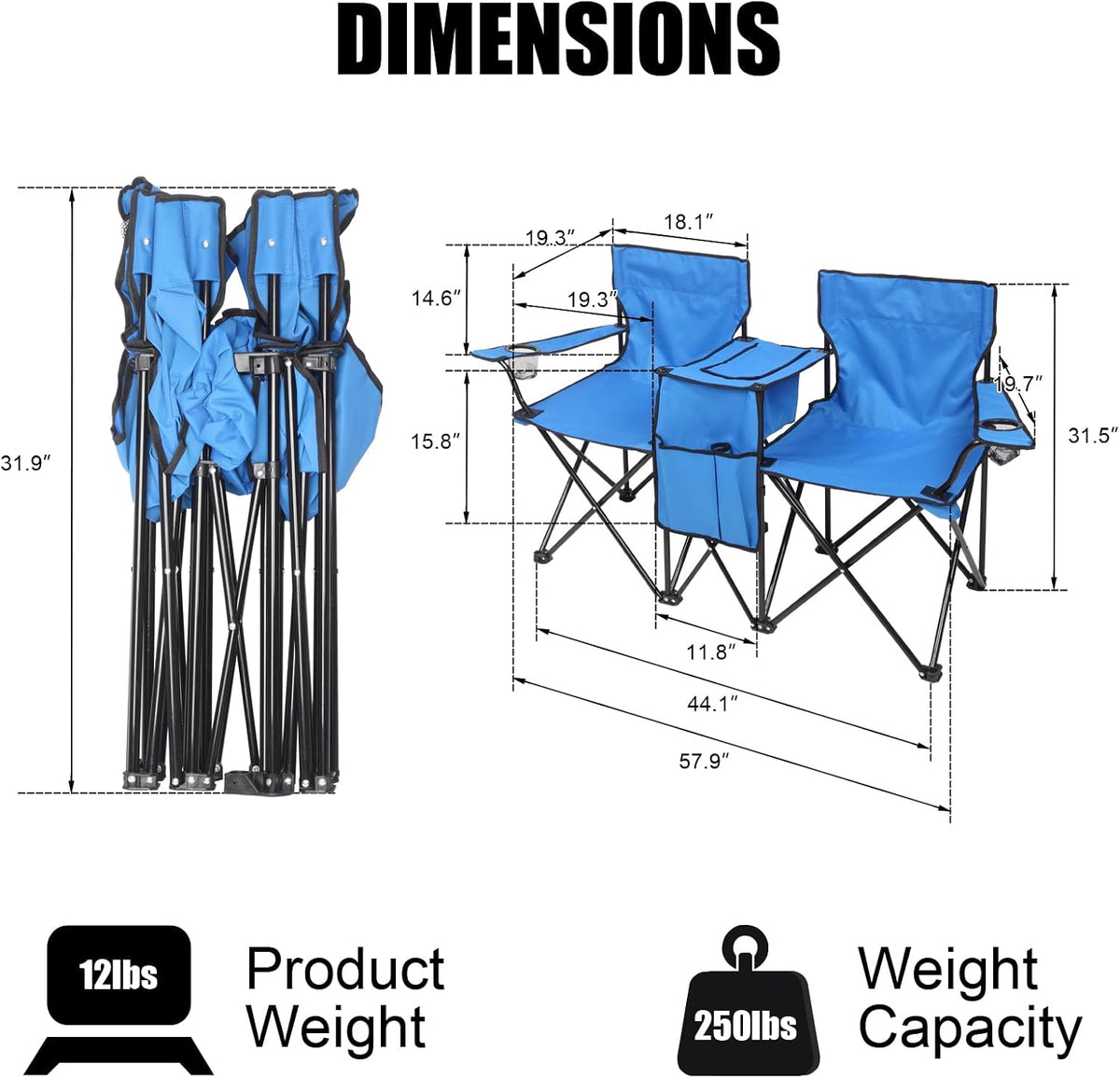 Outvita Folding Double Camping Chair w/Umbrella, Cooler for Beach Patio L