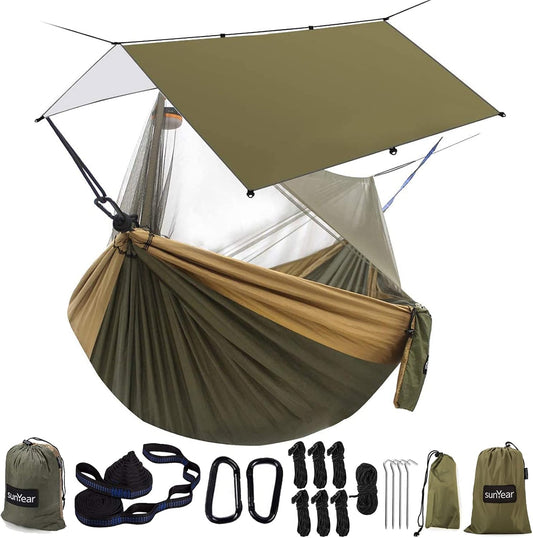 Sunyear Hammock Camping with Rain Fly Tarp and Net, Portable Camping Hammock Double Tree Hammock Outdoor Indoor Backpacking Travel & Survival, 2 Tree Straps,100% Waterproof Green Bundle
