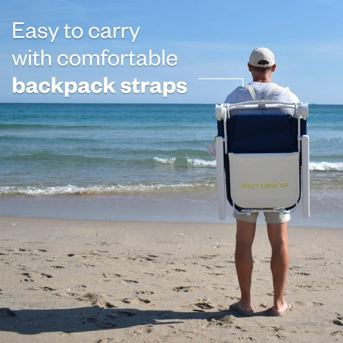 SUNFLOW Shore Thing Reclining Beach Chair with Sun Shade, Deep Blue Stripe