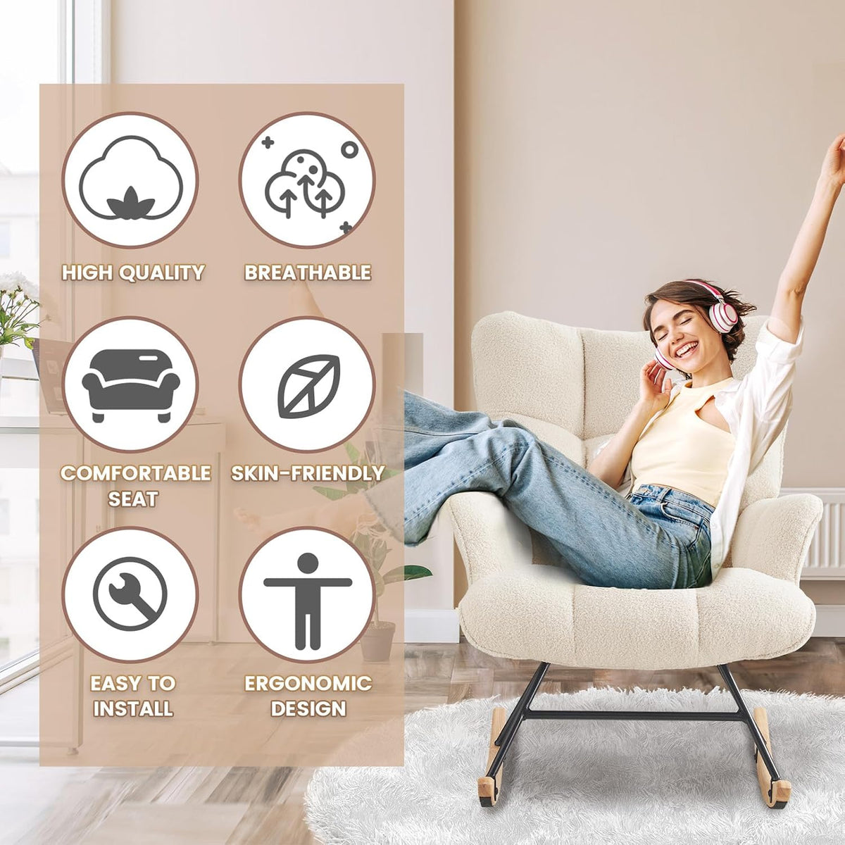 SAETSFEG Rocking Chair Nursery Teddy Upholstered Glider Rocker Rocking Accent Chair Padded Seat with High Backrest Armchair Comfy Side Chair for Living Room Bedroom Offices (Ivory Teddy)