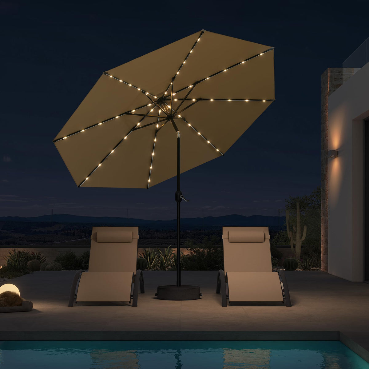 PURPLE LEAF Pool Market Umbrella with Base 9' UV Protection Outdoor, Beige
