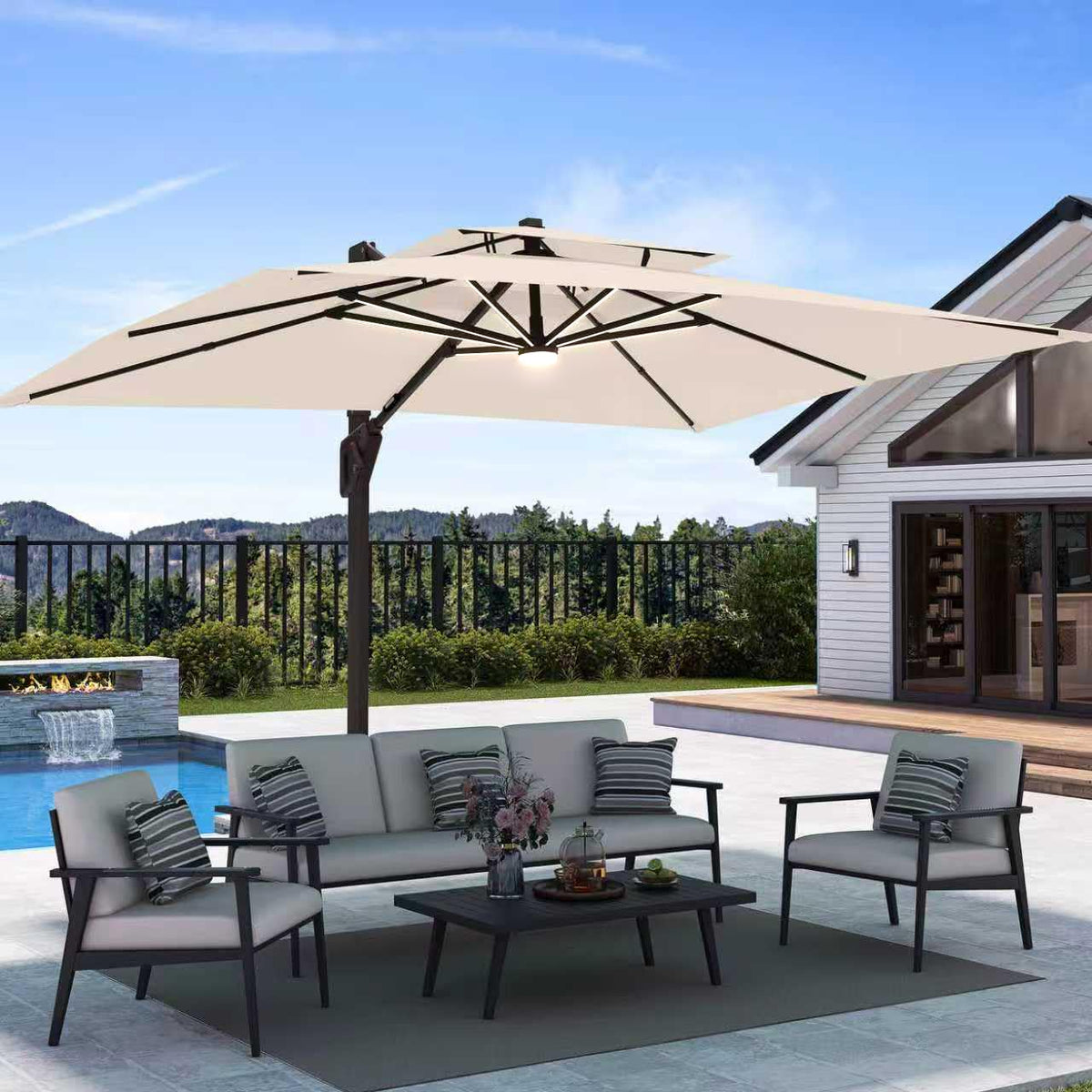 Deconk 9' X 12' Patio Cantilever Outdoor Umbrella with Base and LED Lights